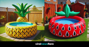 Various inflatable pools designed to look like fruits, including orange, watermelon, strawberry, and pineapple.
