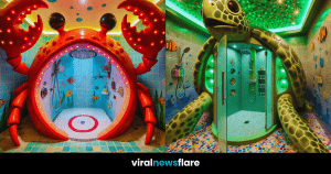 A collection of shower pods designed like sea creatures, including a goldfish, dolphin, turtle, and crab.
