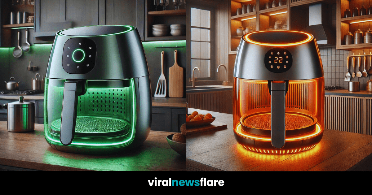 A variety of air fryers featuring modern designs and LED lighting in green, orange, blue, purple, and pink.