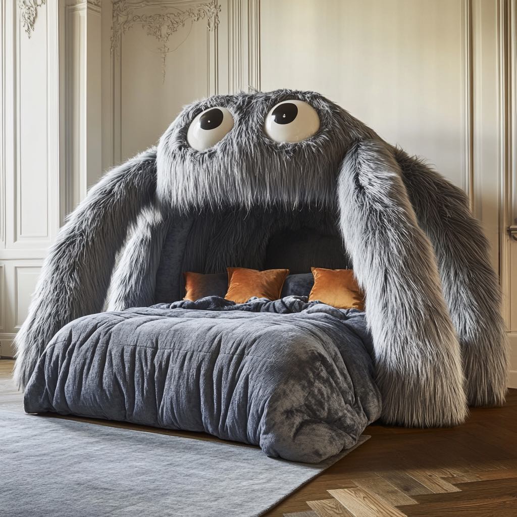 A cozy grey monster-shaped bed with big eyes and soft, furry limbs, perfect for a playful and warm bedroom.