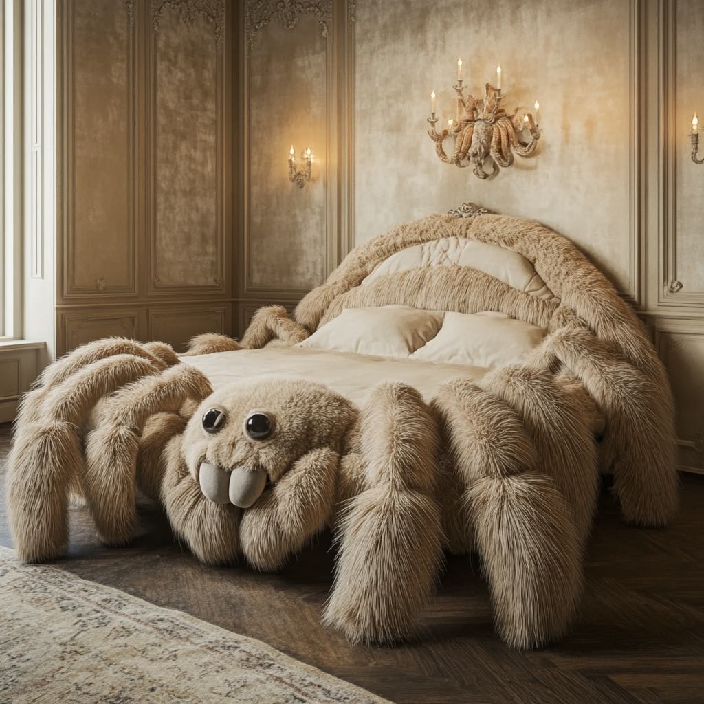 A beige spider-inspired bed with fuzzy legs and large eyes, adding a quirky and slightly spooky touch to the bedroom.