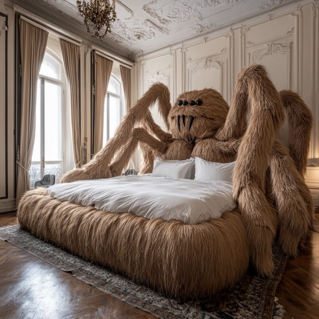 A large brown tarantula-shaped bed with realistic furry textures and a dramatic presence, perfect for an adventurous bedroom.