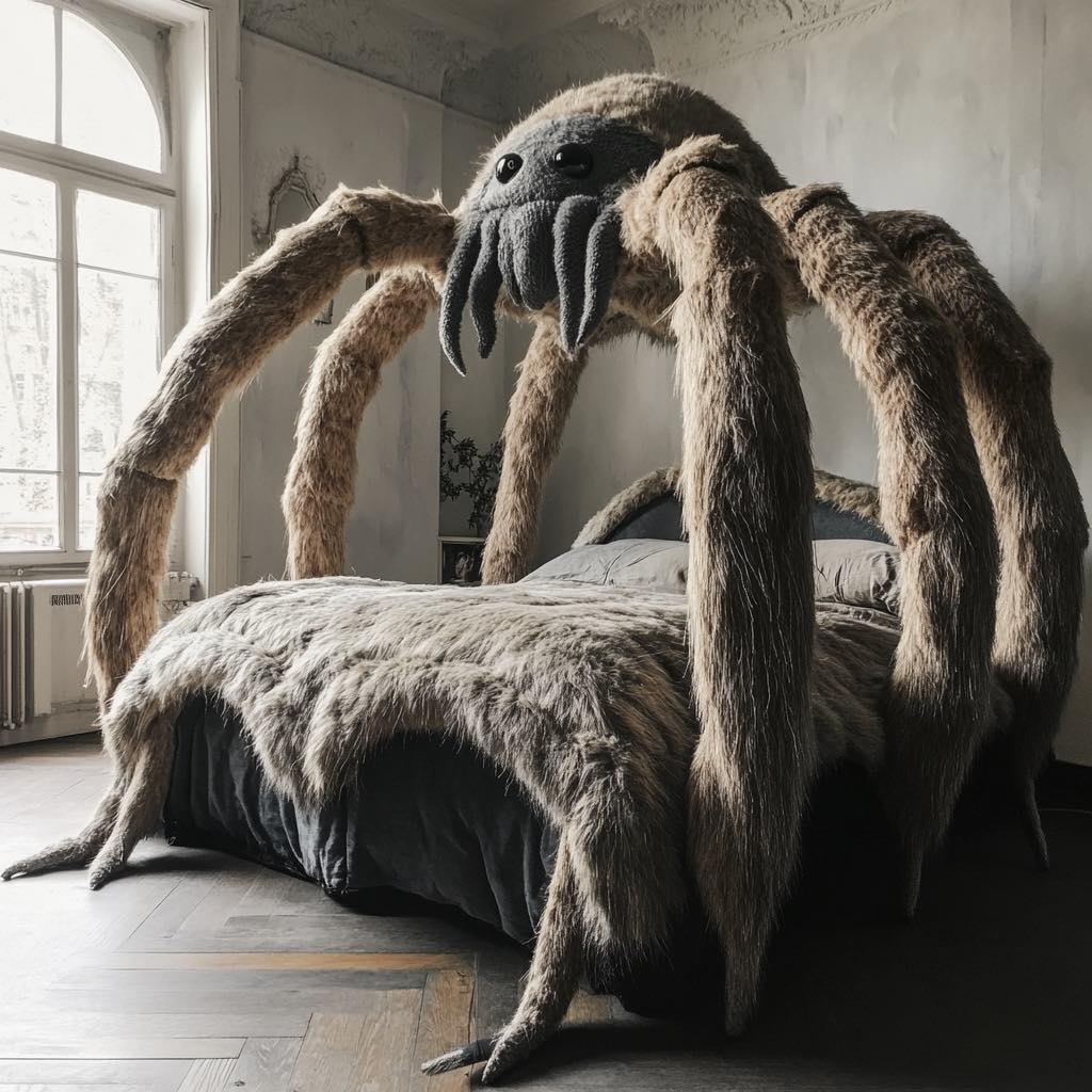 A shaggy, friendly monster-inspired bed with oversized limbs and soft fur, creating a whimsical and cozy sleeping space.