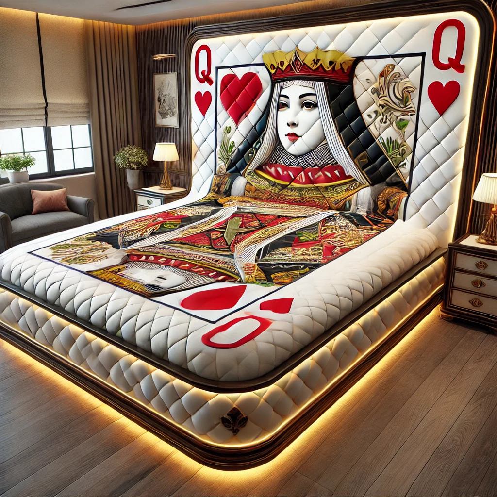 A luxurious bed inspired by the Queen of Hearts playing card, featuring rich red and gold accents and a quilted headboard.

