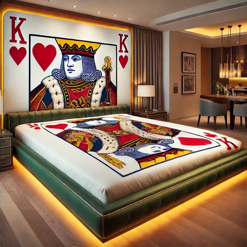 A majestic King of Hearts-themed bed with intricate details and a regal design, perfect for a powerful bedroom statement.
