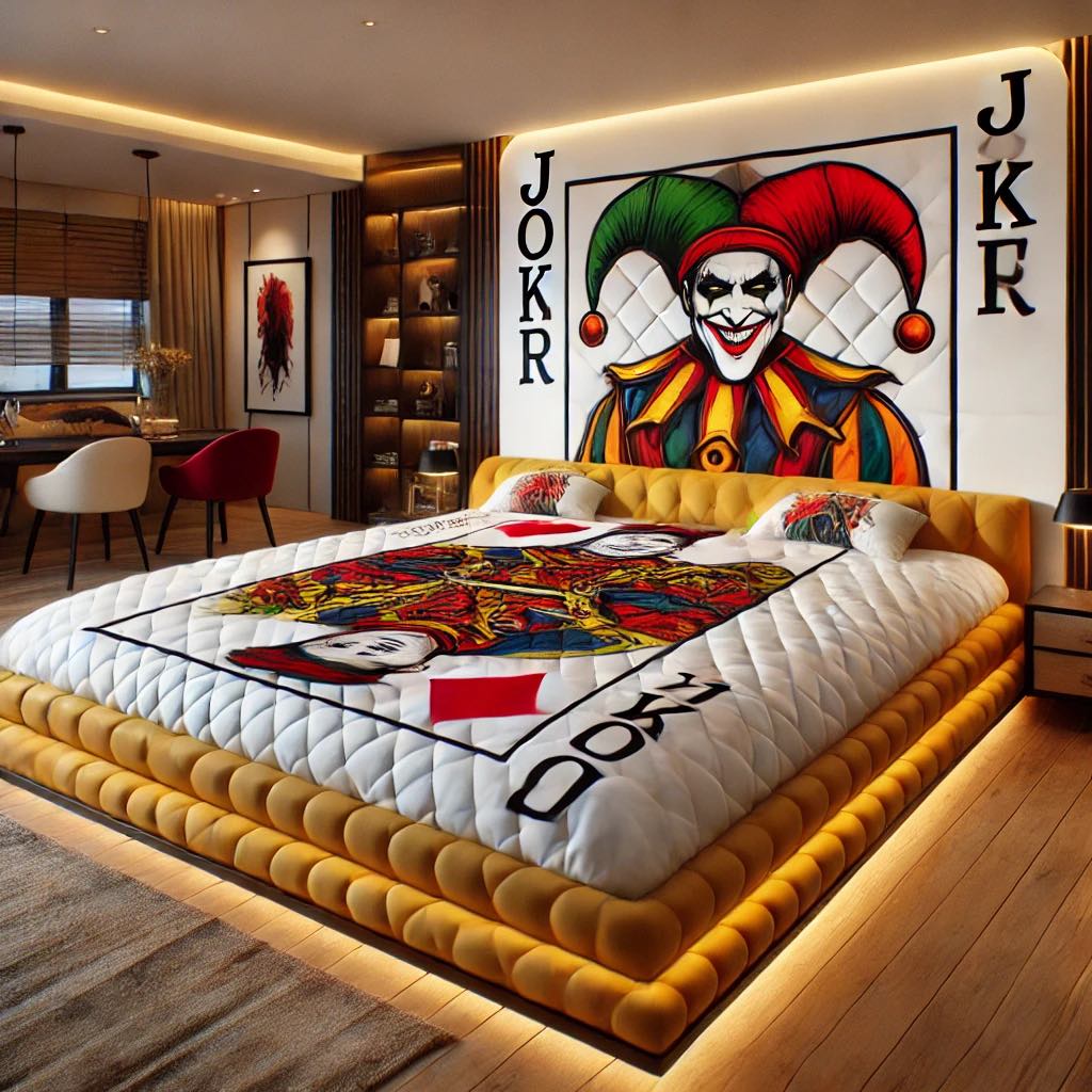 A playful and vibrant Joker-themed bed with bold colors and lively design elements, adding fun and excitement to the bedroom.
