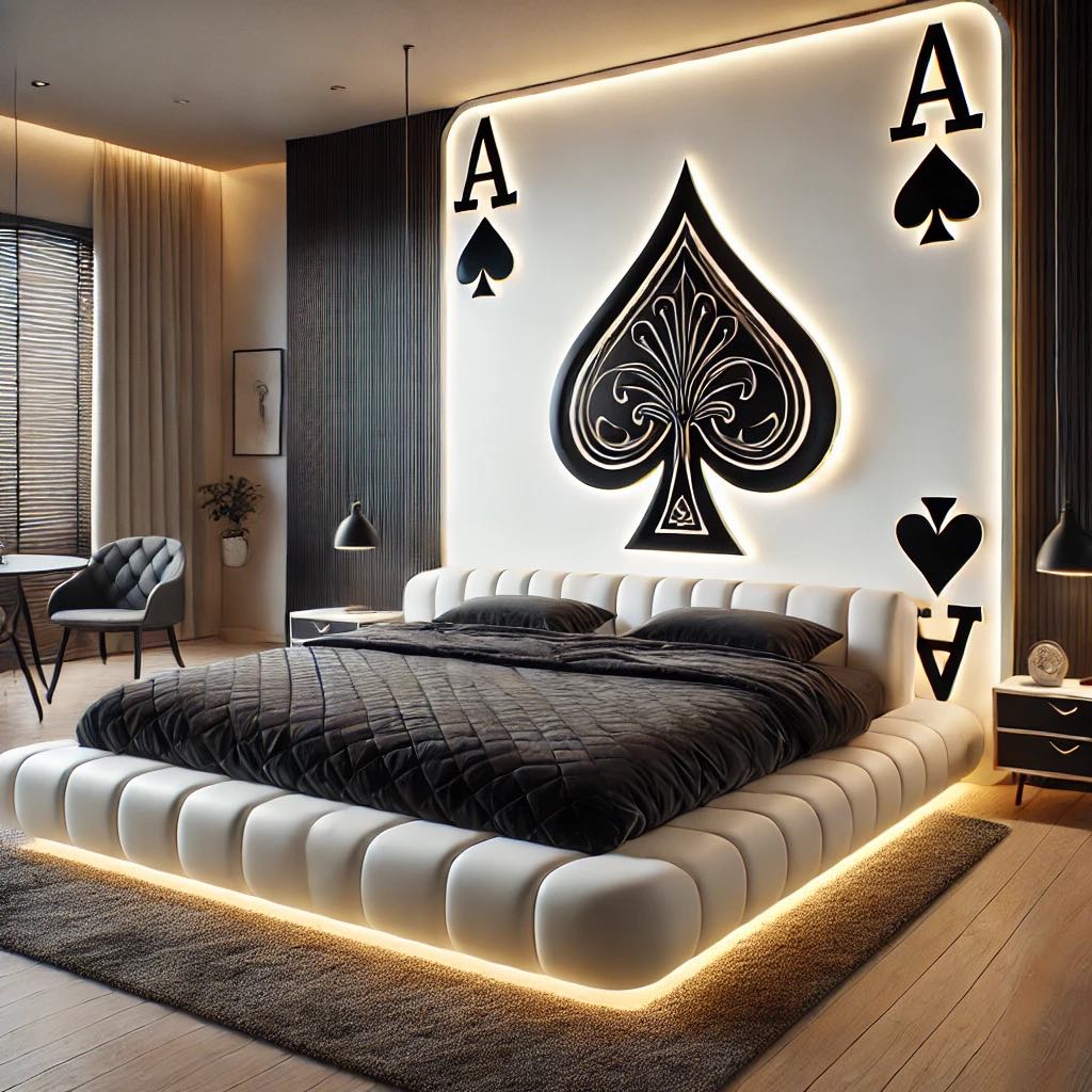 A sleek and modern Ace of Spades-themed bed with a minimalist black and white colour scheme, offering elegance and sophistication.