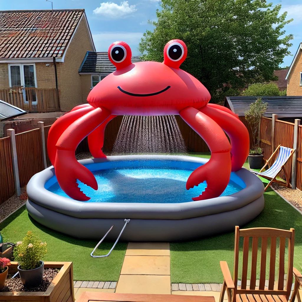 A bright red inflatable crab paddling pool with water sprayers, set up in a sunny backyard.