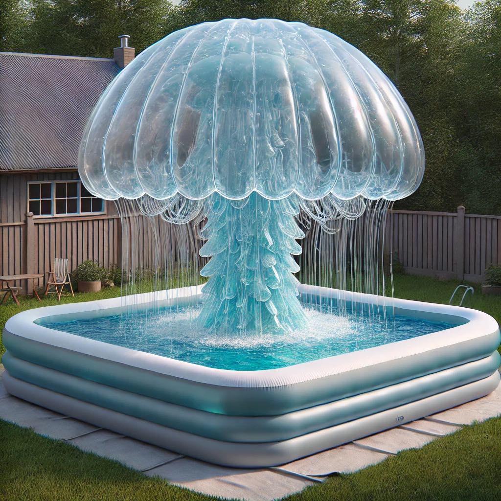 An ethereal blue inflatable jellyfish paddling pool with cascading water tentacles in a garden.