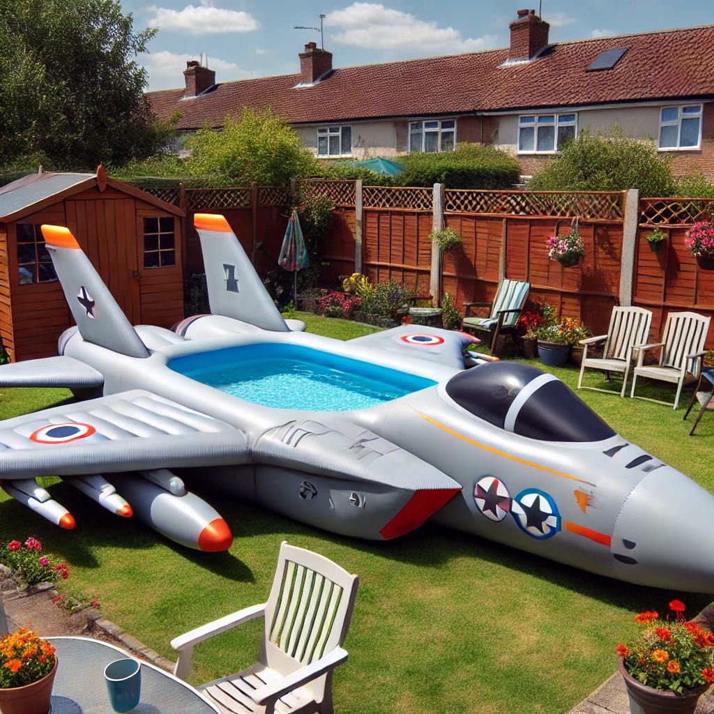 Inflatable pool shaped like a jet fighter in a garden.