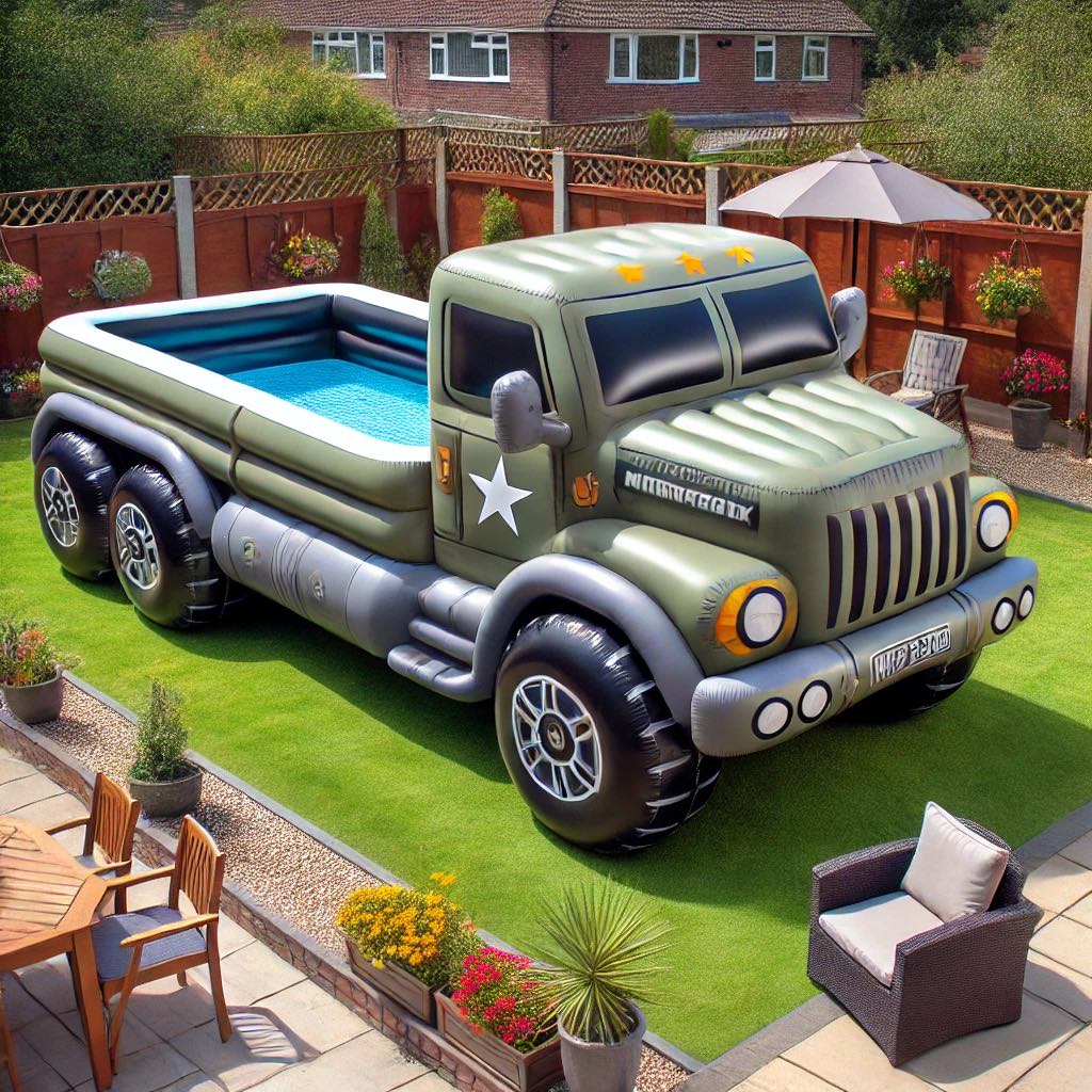 Inflatable pool shaped like a military truck in a garden.