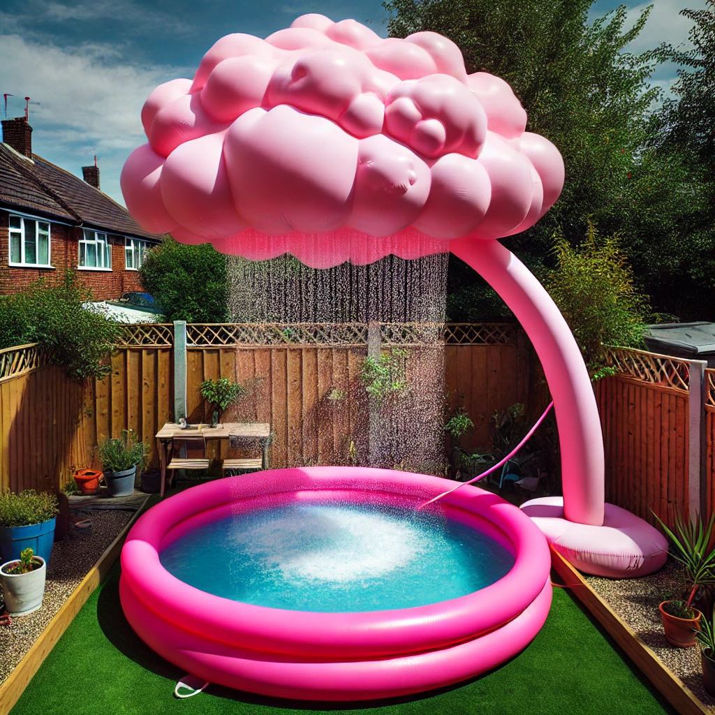 A pink cloud-inspired inflatable paddling pool with a gentle rain feature, set in a sunny garden.
