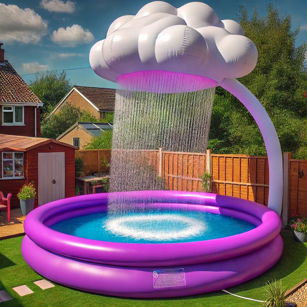 A lavender-colored inflatable paddling pool with a white cloud overhead, mimicking gentle rain in a serene garden.
