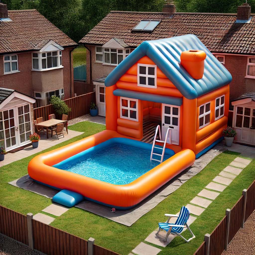 An orange and blue inflatable pool house resembling a cabin, with a small pool in a cozy backyard setting.