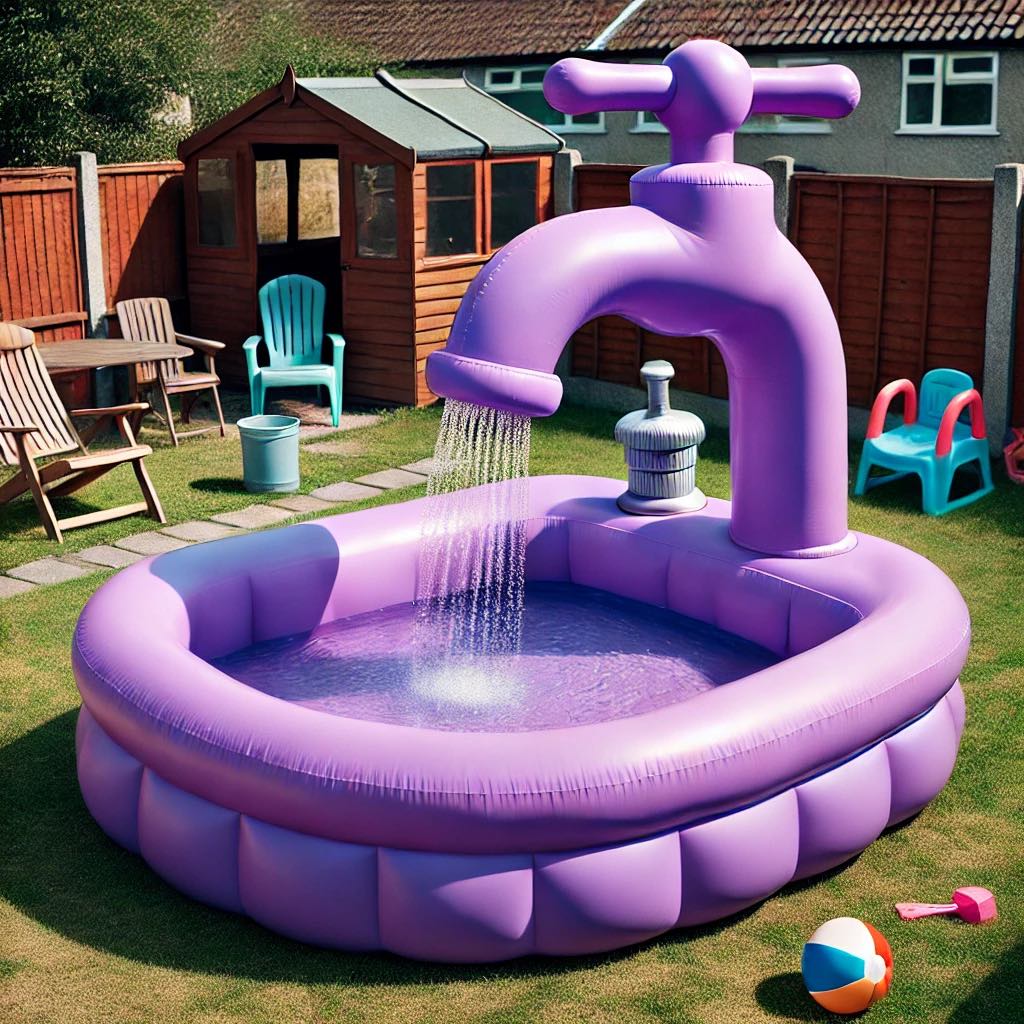 A vibrant purple tap-inspired inflatable paddling pool with water flowing from a giant faucet, set in a backyard.