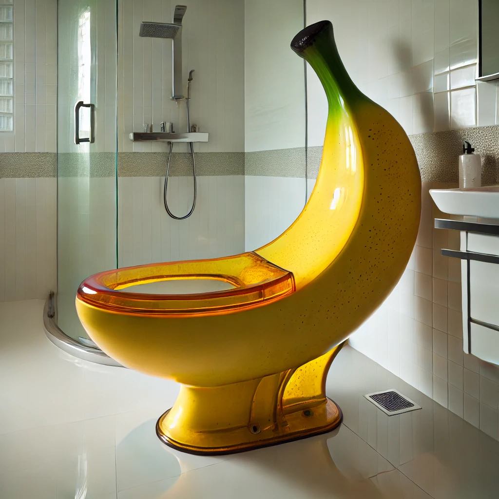 A bright yellow banana-shaped toilet with a peeled design, adding a quirky touch to a modern bathroom.