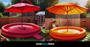 A collage of vibrant umbrella-style inflatable paddling pools in various colours set in different garden settings.
