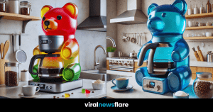 A collection of colorful gummy bear-inspired coffee machines, set in various modern kitchen settings.