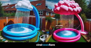 A collection of cloud-inspired inflatable paddling pools in various colors, set in charming garden settings.