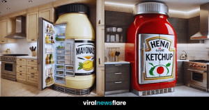 A collection of condiment-inspired refrigerators, including ketchup, mayonnaise, mustard, and barbecue sauce designs, set in stylish kitchens.