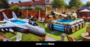 Various inflatable pools shaped like military vehicles in a garden setting.