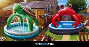 A collage of colourful inflatable animal-themed paddling pools set up in different backyards.