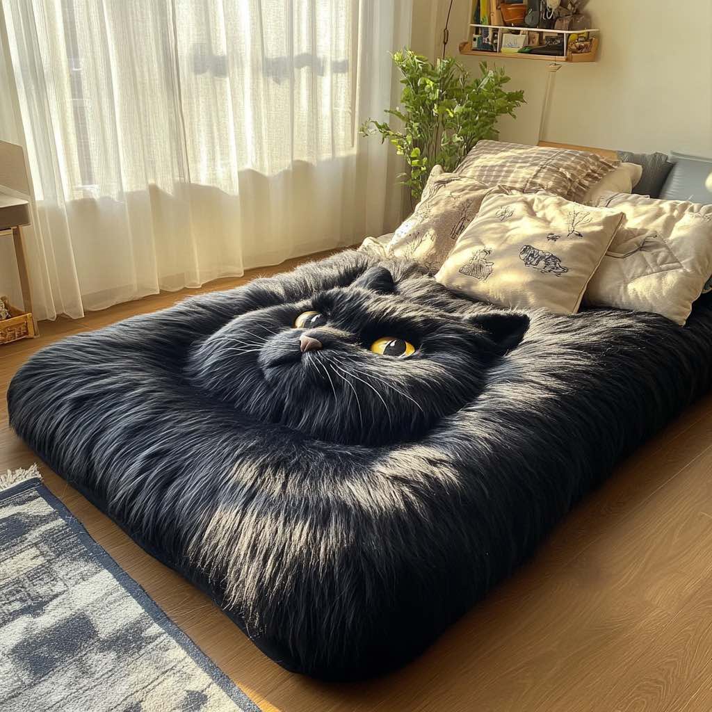 Fluffy black cat-shaped bed with piercing yellow eyes, adding mystery and comfort to a cozy bedroom.