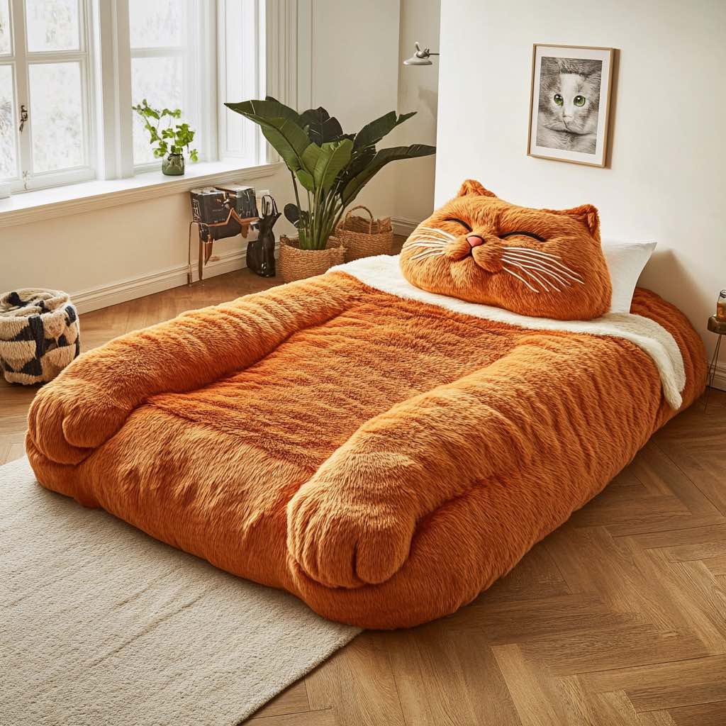 Bright orange tabby cat-shaped bed with an inviting smile, perfect for a warm and playful bedroom atmosphere.
