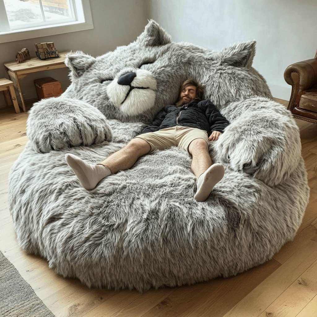A giant grey cat bean bag providing a cozy spot for relaxation.