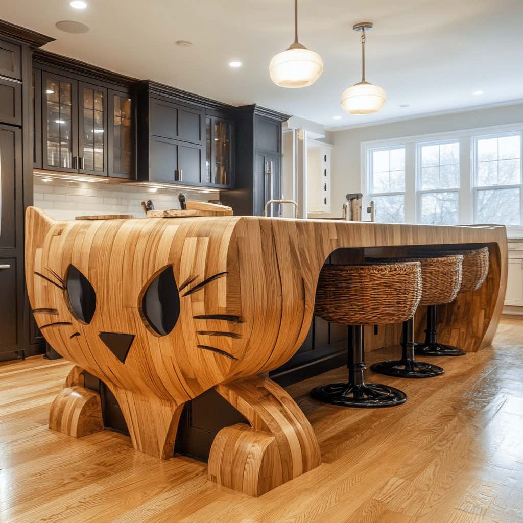 A kitchen island shaped like a cat, made from wood with natural grain, standing in a modern kitchen.
