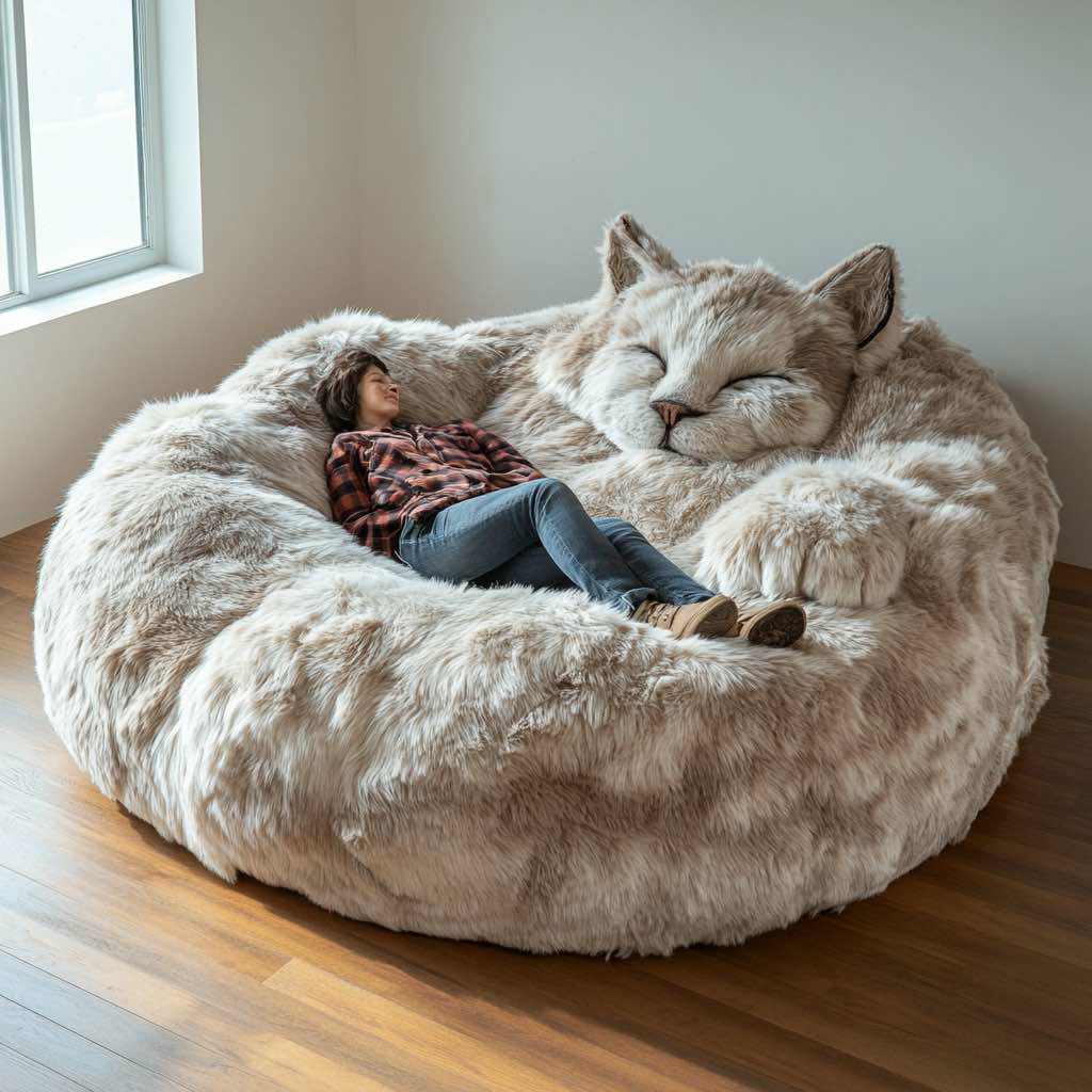 A plush creamy cat bean bag with oversized ears and a friendly expression.