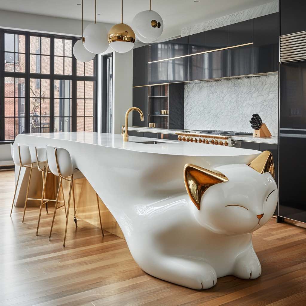 A white and gold cat-shaped kitchen island in a sleek, modern kitchen with large windows and gold accents.