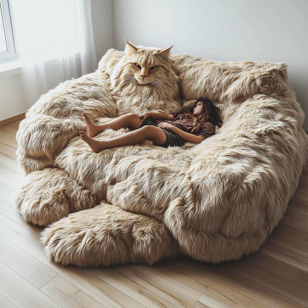 A luxurious golden cat bean bag offering a plush and inviting lounging experience.