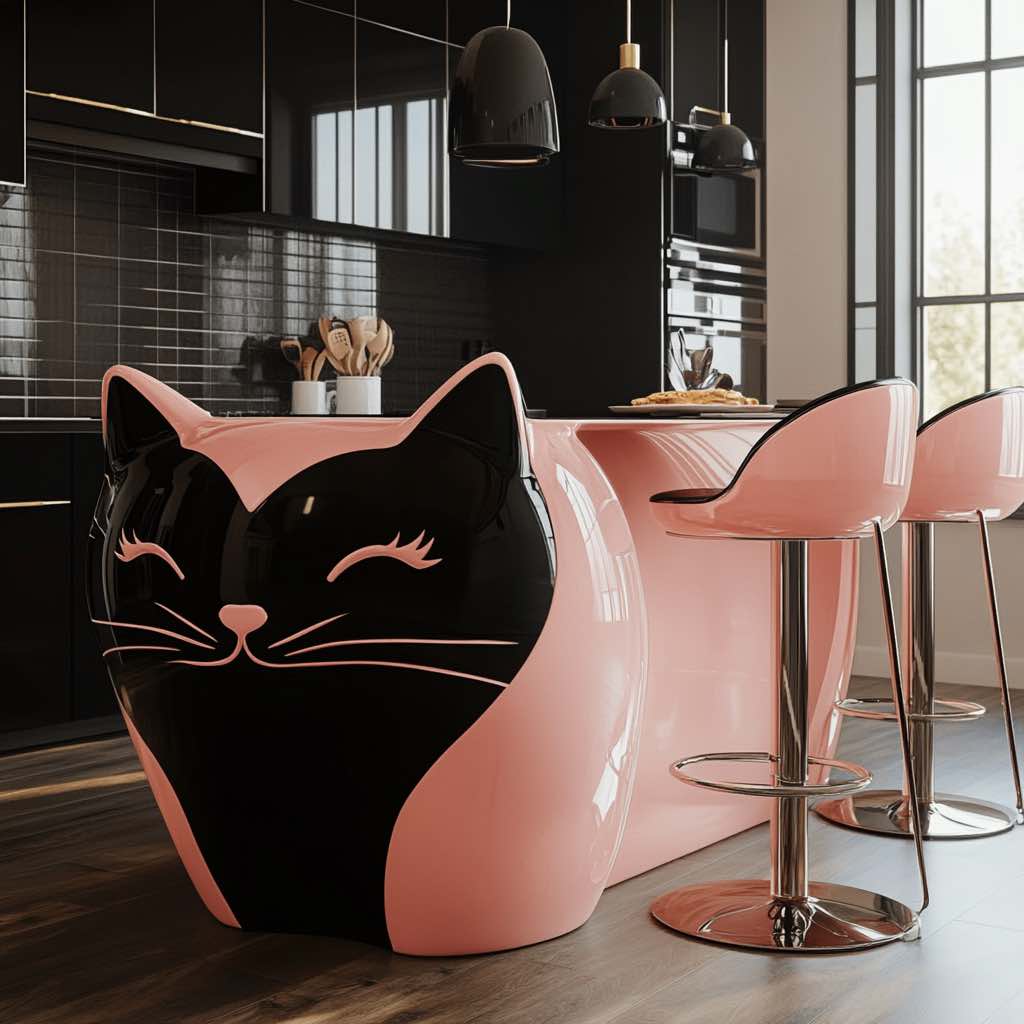 A black and pink cat-shaped kitchen island in a contemporary kitchen with matching pink stools.