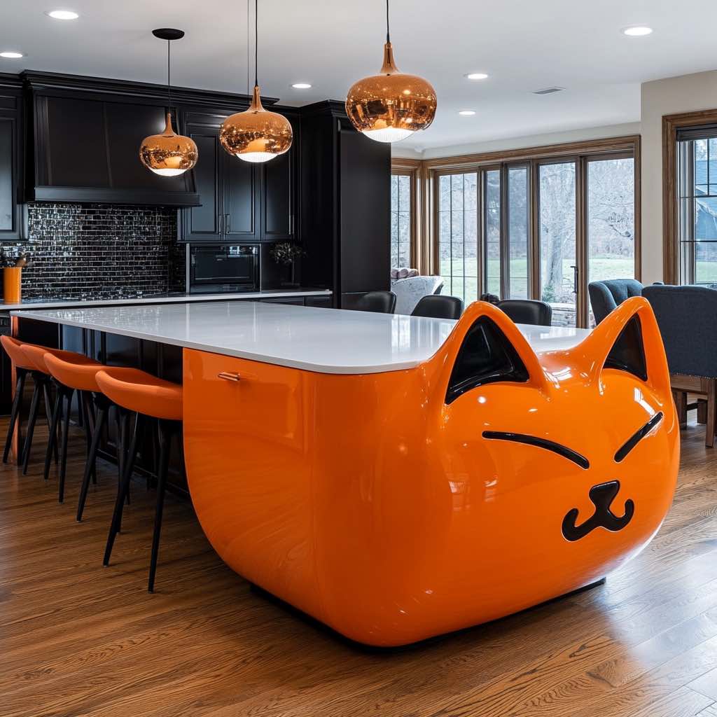 A bright orange cat-shaped kitchen island in a modern home with dark cabinets and orange lighting accents.