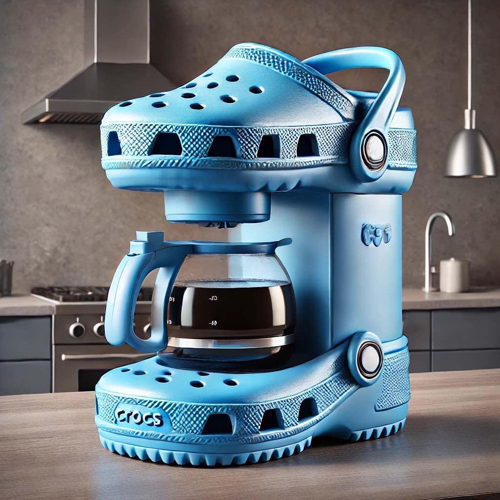 A blue Crocs-inspired coffee maker on a countertop in a modern kitchen.