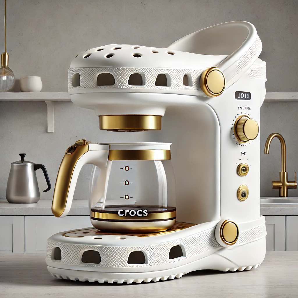 A white and gold Crocs-inspired coffee machine in a minimalist kitchen.