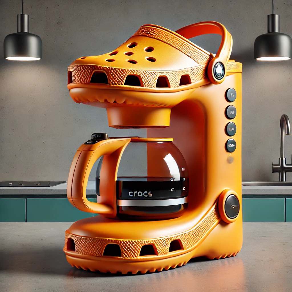 An orange Crocs-inspired coffee maker on a kitchen counter with a sleek modern design.