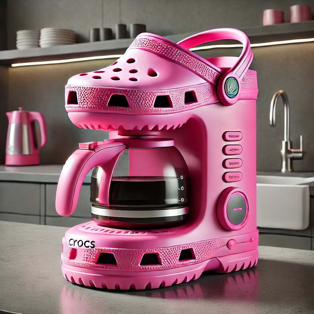 A pink Crocs-inspired coffee machine on a countertop in a vibrant kitchen setting.