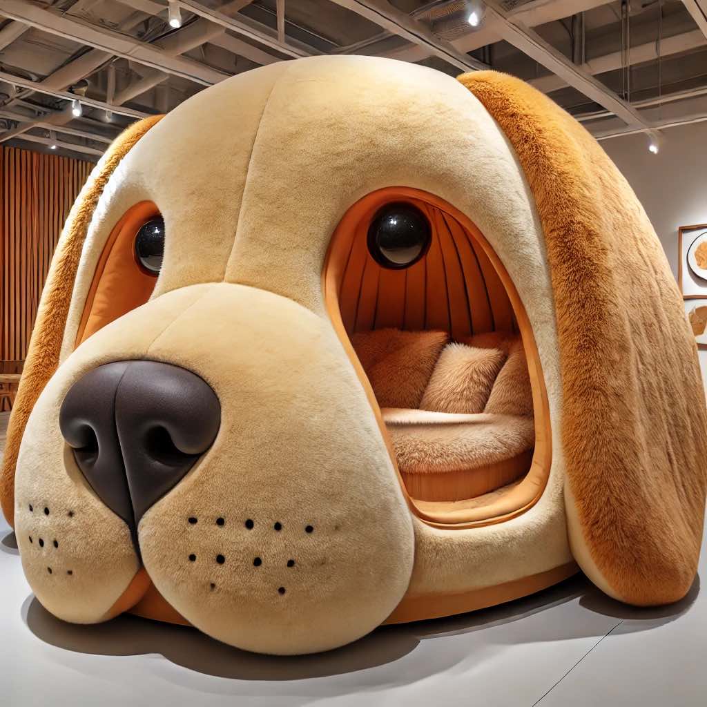 A dog-shaped bed designed like a golden retriever with soft tan fur and floppy ears in a showroom.