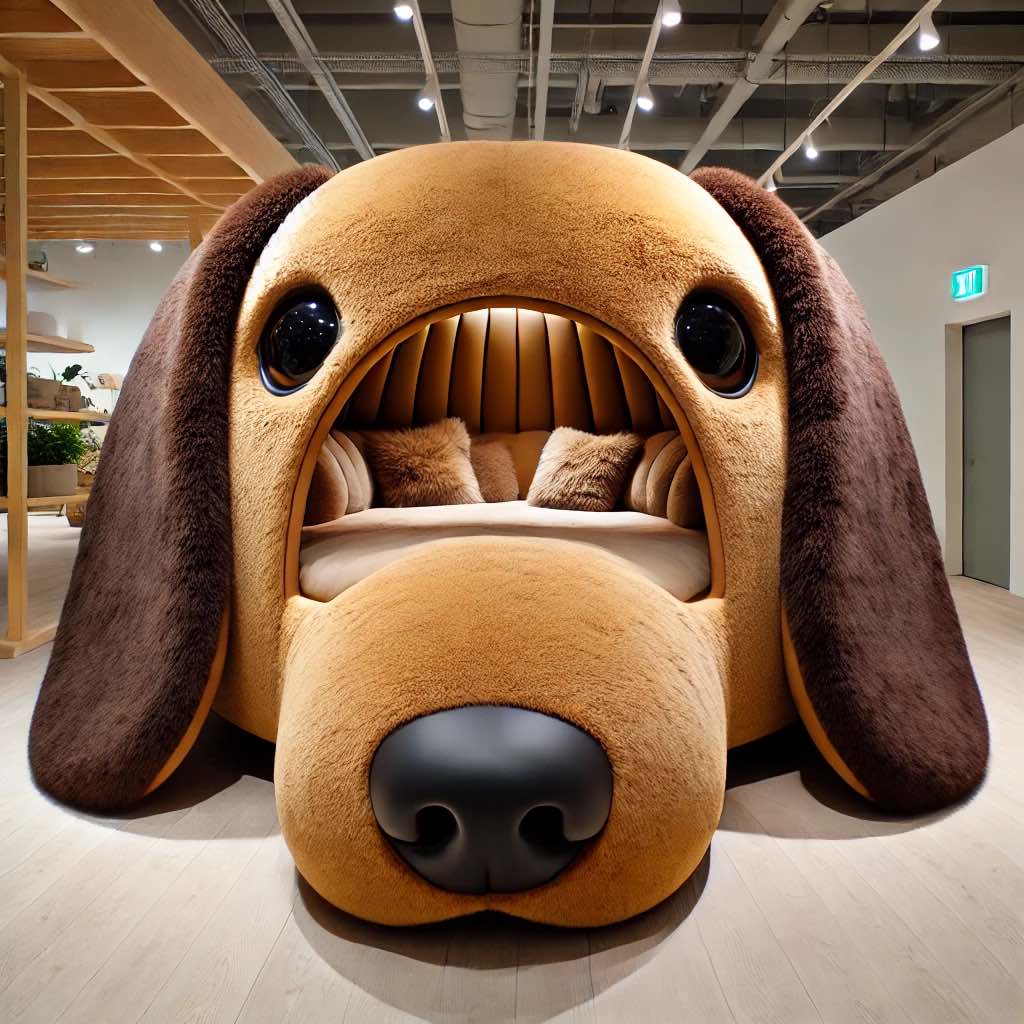 A large, brown and tan dog-shaped bed with a cozy, rounded interior and lifelike eyes.