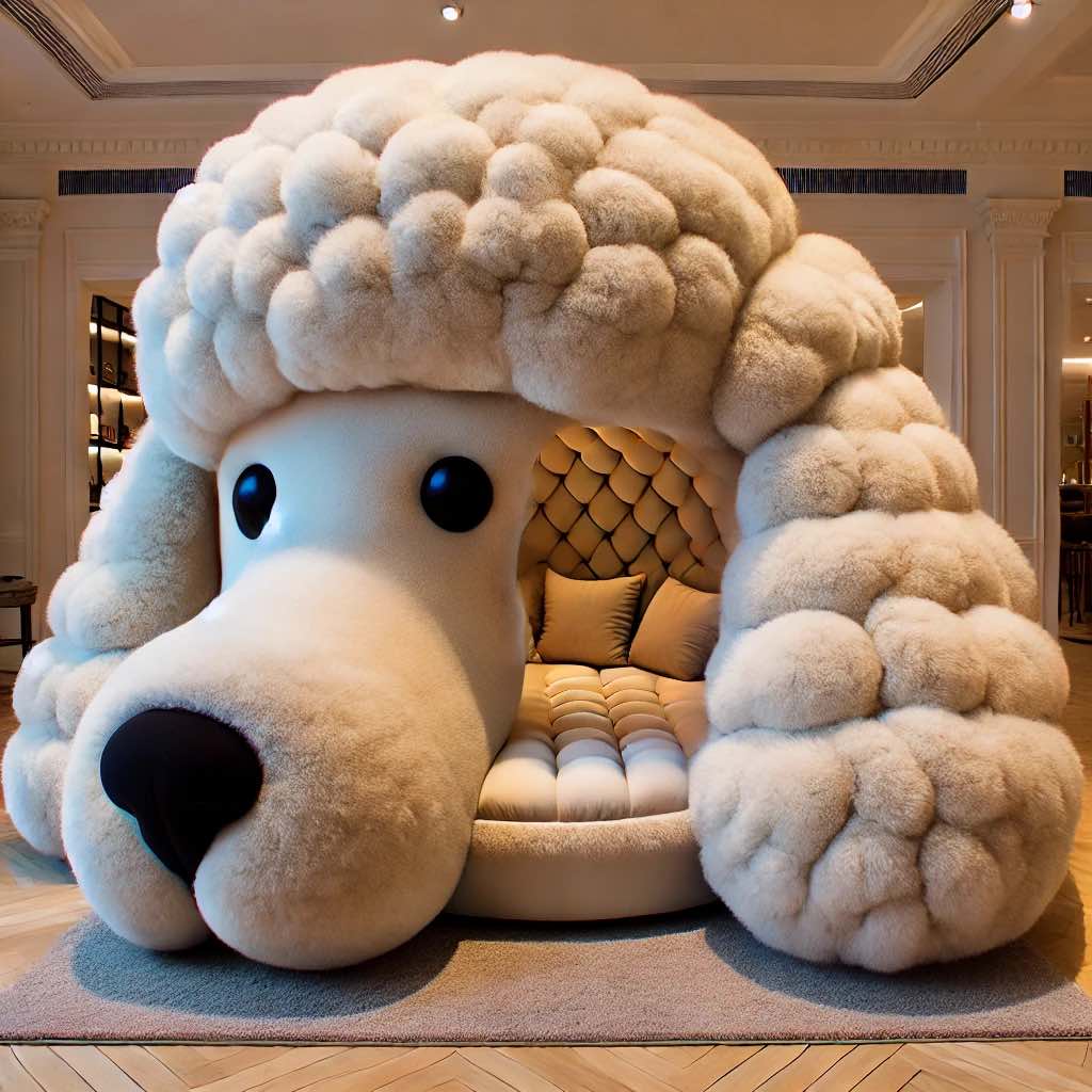 A large, poodle-inspired bed with plush, fluffy curls and a tufted interior, adding a touch of elegance to the room.