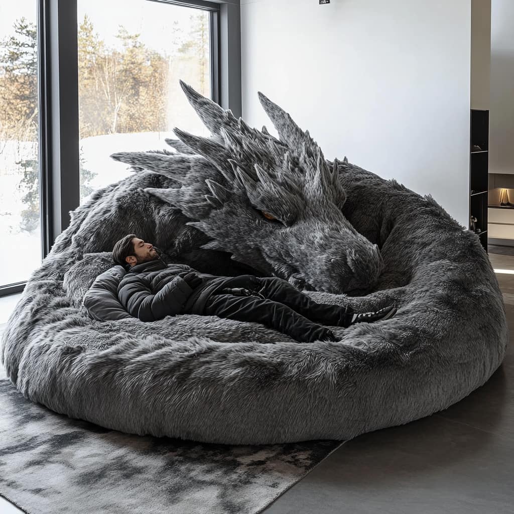 A large, plush purple dragon-shaped sofa in a modern living room with floor-to-ceiling windows, featuring intricate detailing on its scales and expressive eyes.