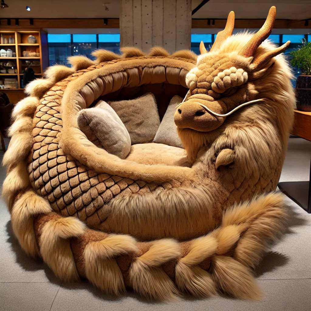 A golden-hued dragon sofa with intricate scales and a furry body, creating a comfortable and luxurious seating area.