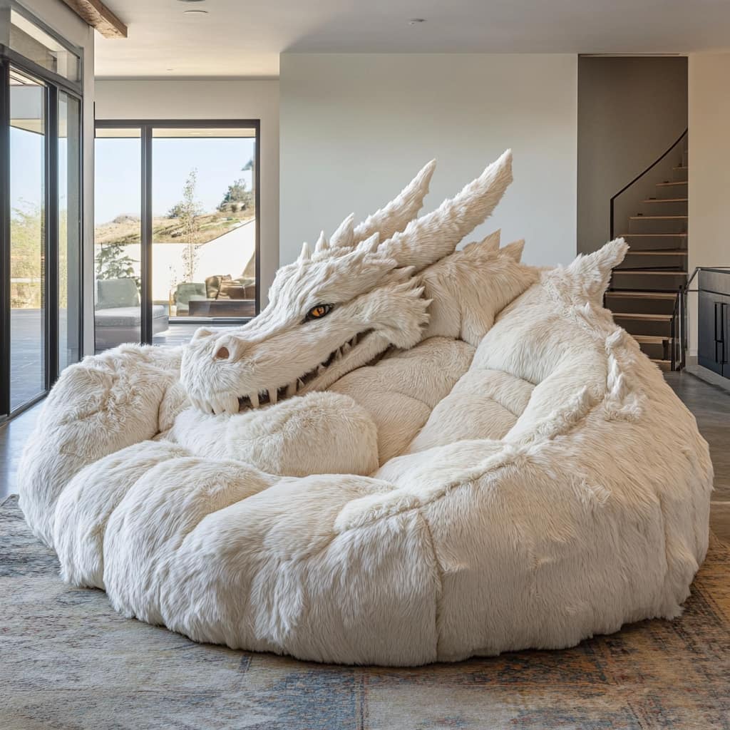 A spacious, fluffy white dragon-themed couch set in a contemporary living space with ample natural light, showcasing detailed dragon features and a cozy seating area.