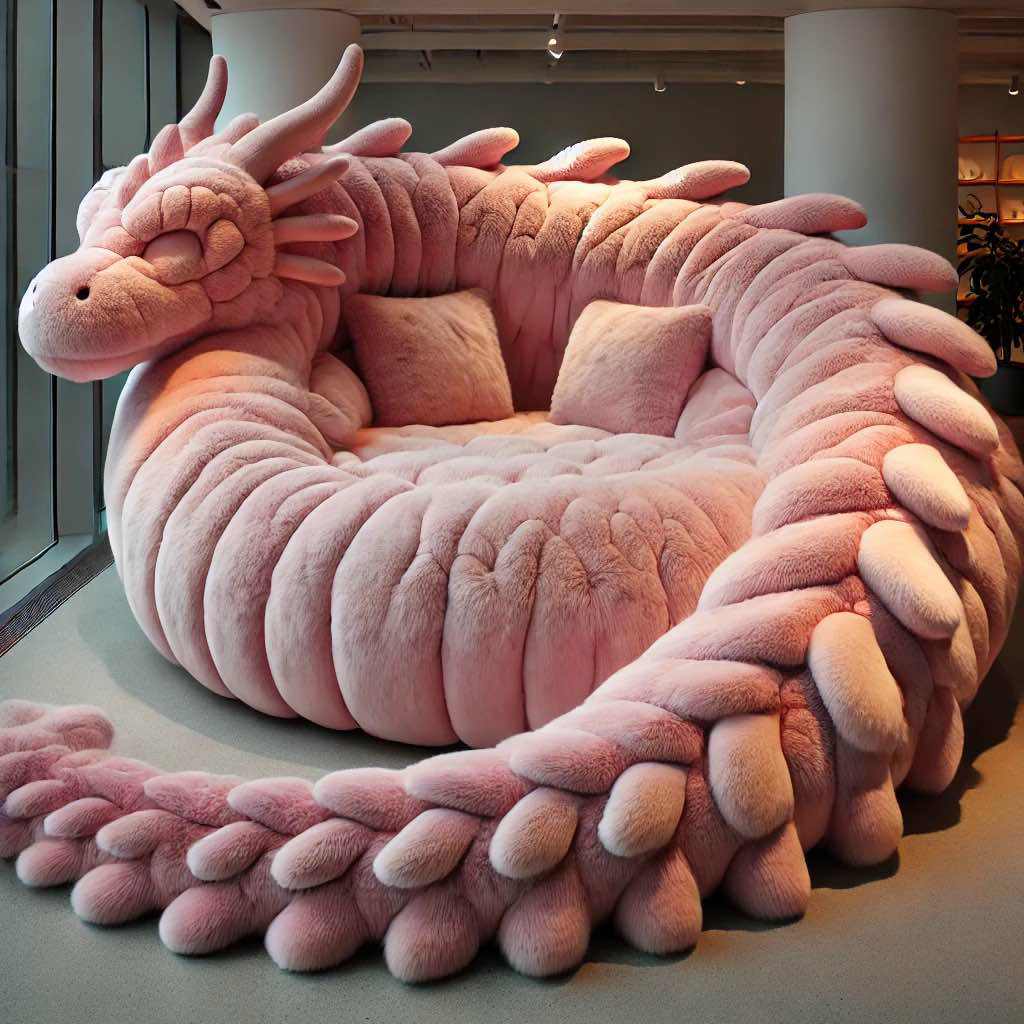 A pink, fluffy dragon-shaped sofa offering a cosy and playful seating option for any whimsical interior space.