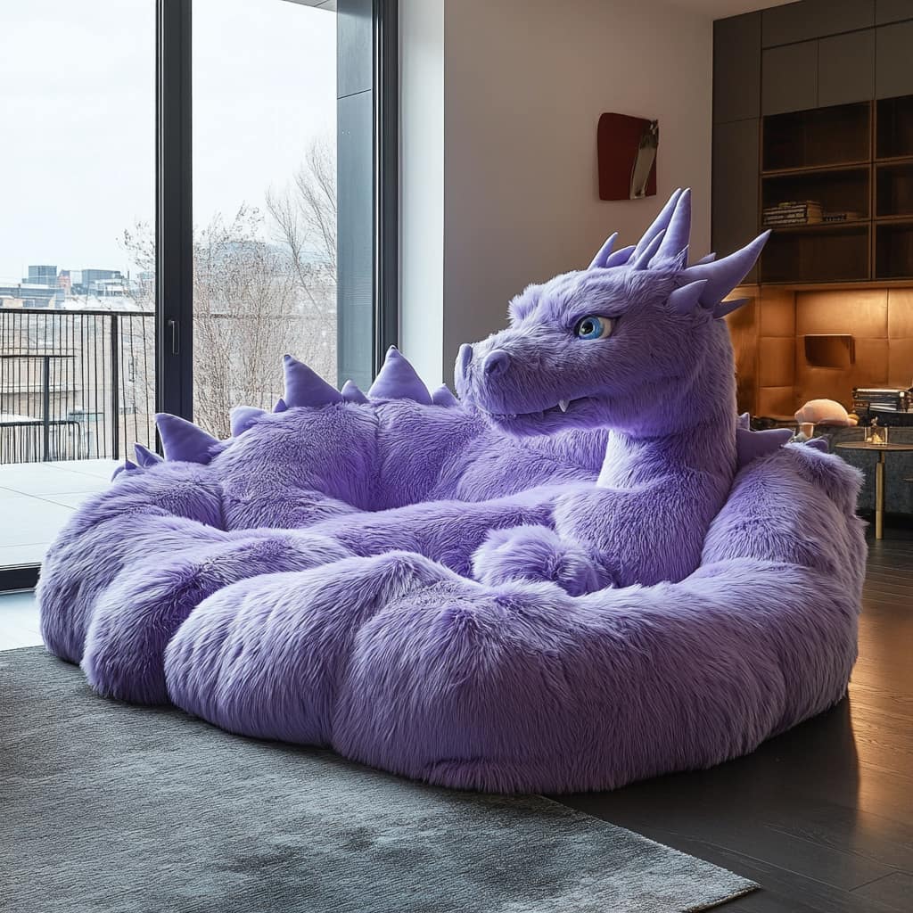 A man relaxing on an oversized, soft gray dragon-shaped recliner in a sleek living area, complete with detailed dragon scales and realistic eyes for an immersive experience.