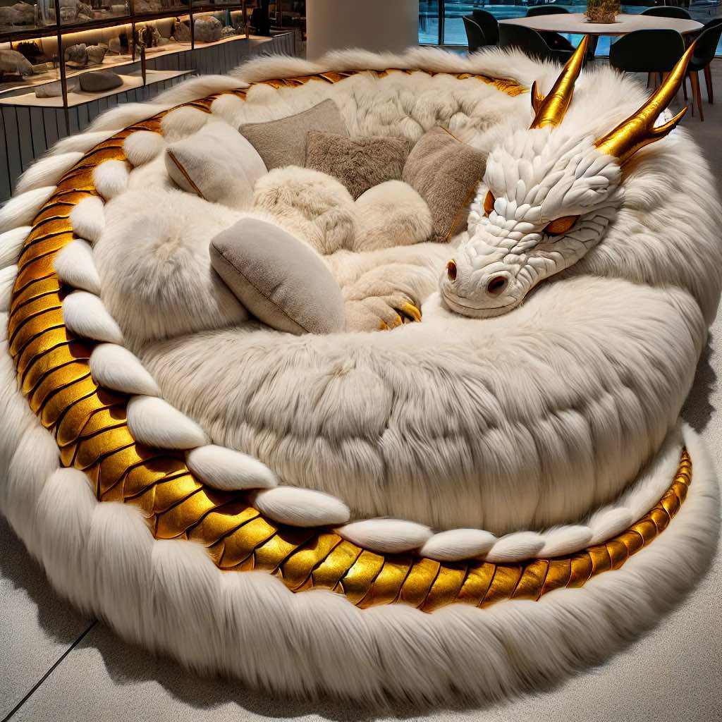 A white dragon sofa adorned with golden scales, creating an opulent seating option for luxurious living spaces.