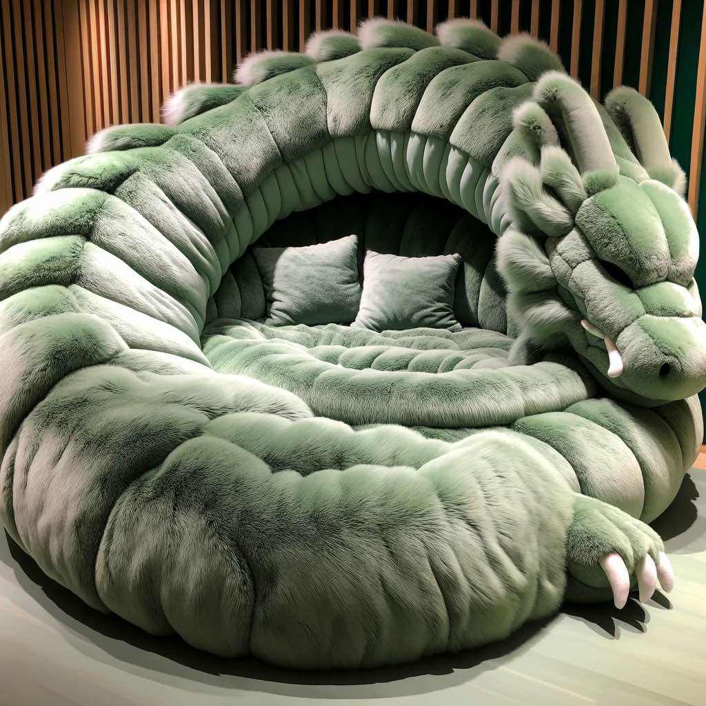 A green dragon sofa with detailed scales and a curled design, perfect for adding a mythical touch to eclectic interiors.