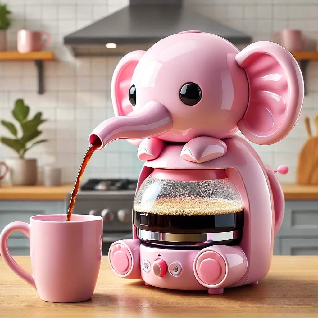 Adorable pink elephant-shaped coffee machine brewing a cup of coffee from its trunk.
